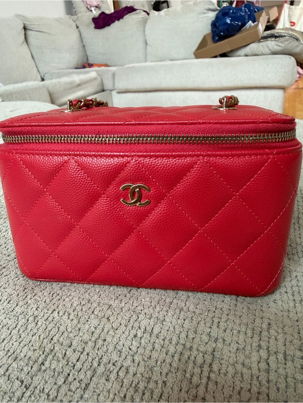 CHANEL Quilted Vanity Case in Bright Red with Gold Hardware